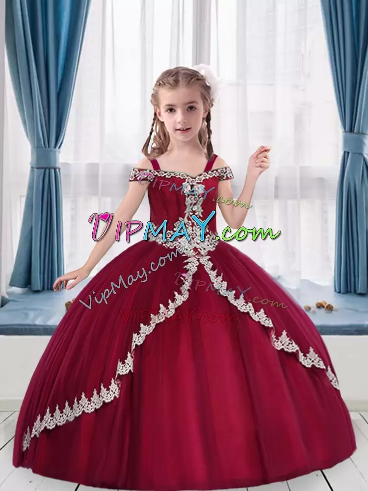 Low Price Floor Length Fuchsia Kids Pageant Dress Off The Shoulder Sleeveless Lace Up