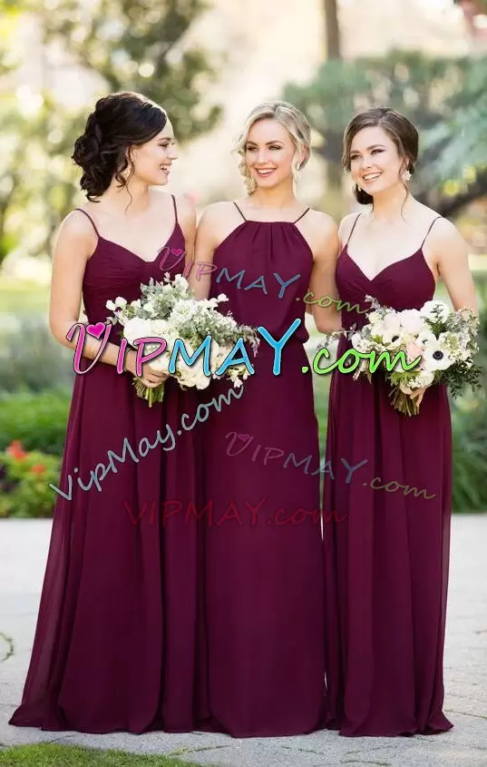 Ideal Burgundy Sleeveless Chiffon Backless Wedding Party Dress for Prom and Party and Military Ball and Beach and Wedding Party