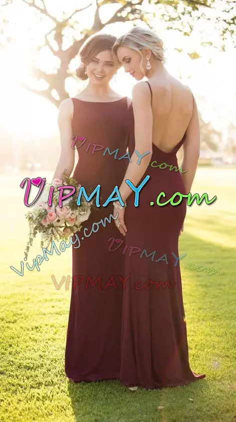 Ideal Burgundy Sleeveless Chiffon Backless Wedding Party Dress for Prom and Party and Military Ball and Beach and Wedding Party