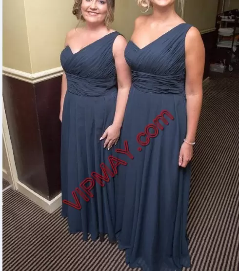 Sleeveless Floor Length Ruching Bridesmaids Dress with Navy Blue