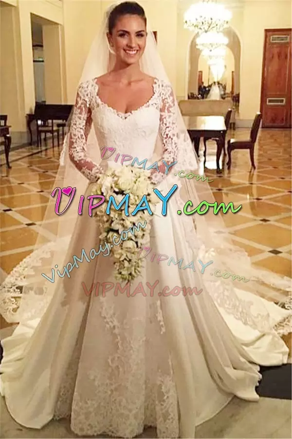 White V-neck Clasp Handle Lace Bridal Gown Brush Train Long Sleeves