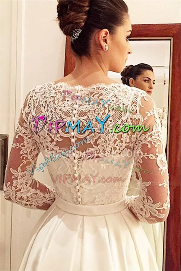 White V-neck Clasp Handle Lace Bridal Gown Brush Train Long Sleeves