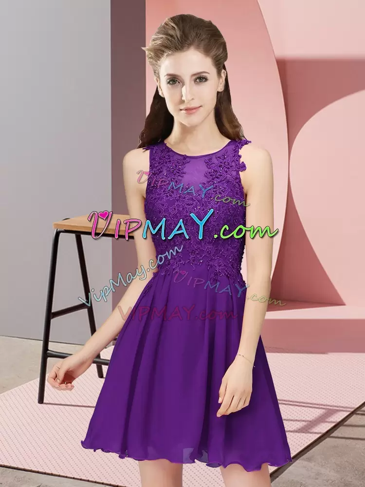 New Arrival Purple Chiffon Zipper Bridesmaid Dresses Sleeveless Mini Length Appliques