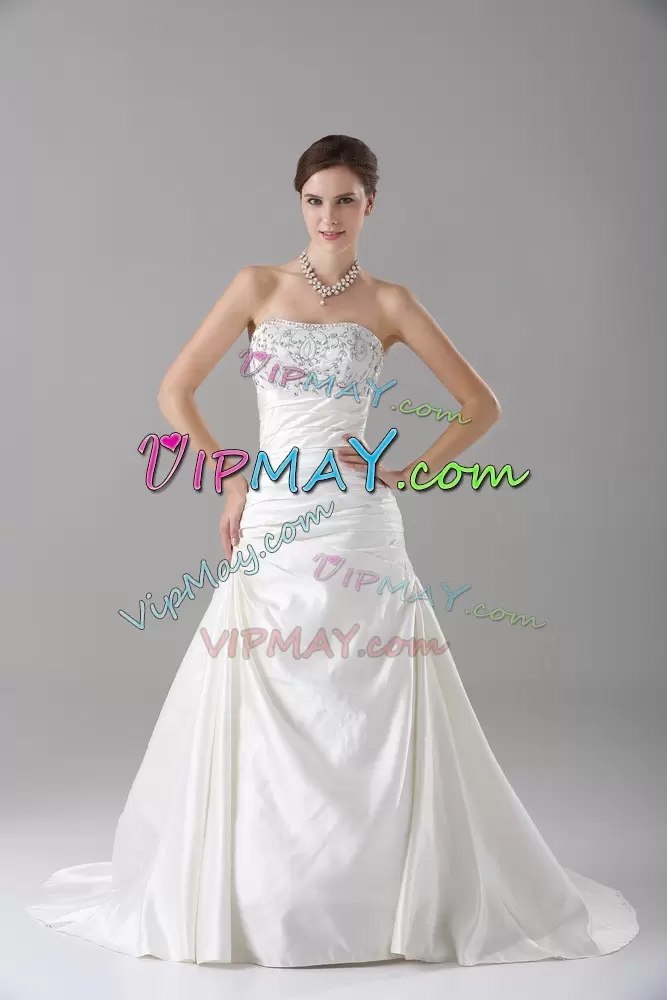 Traditional White Strapless Lace Up Beading Wedding Dresses Brush Train Sleeveless