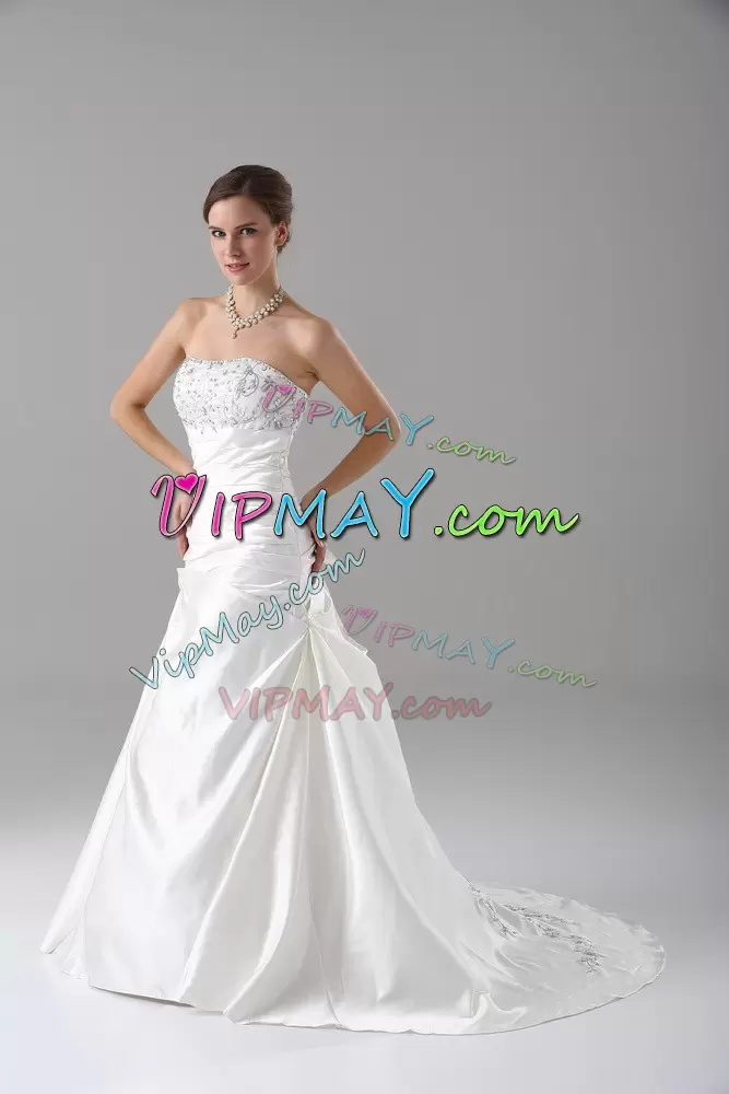 Traditional White Strapless Lace Up Beading Wedding Dresses Brush Train Sleeveless