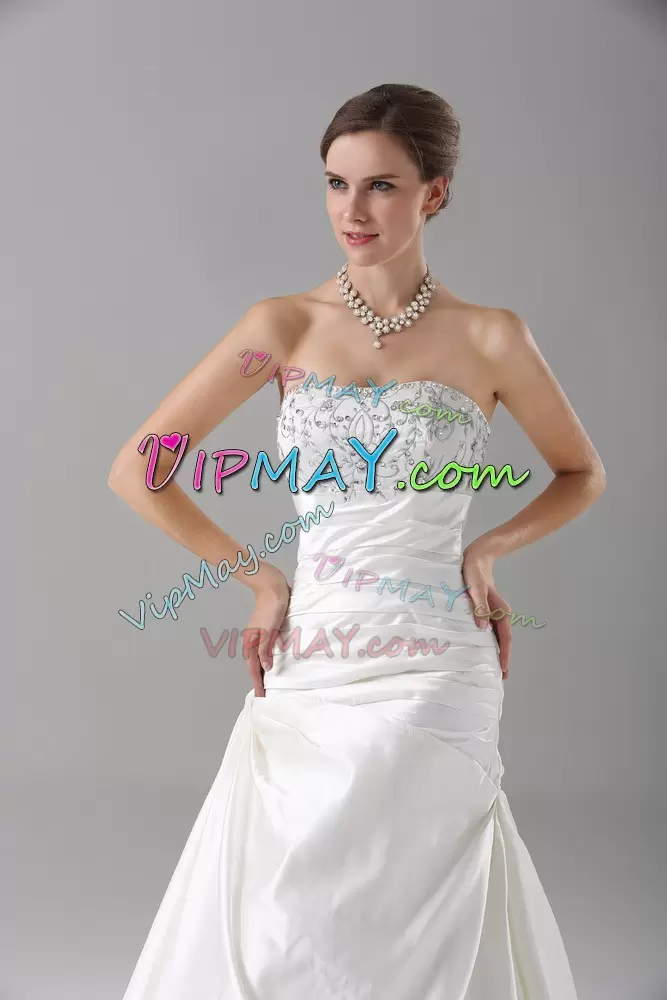 Traditional White Strapless Lace Up Beading Wedding Dresses Brush Train Sleeveless