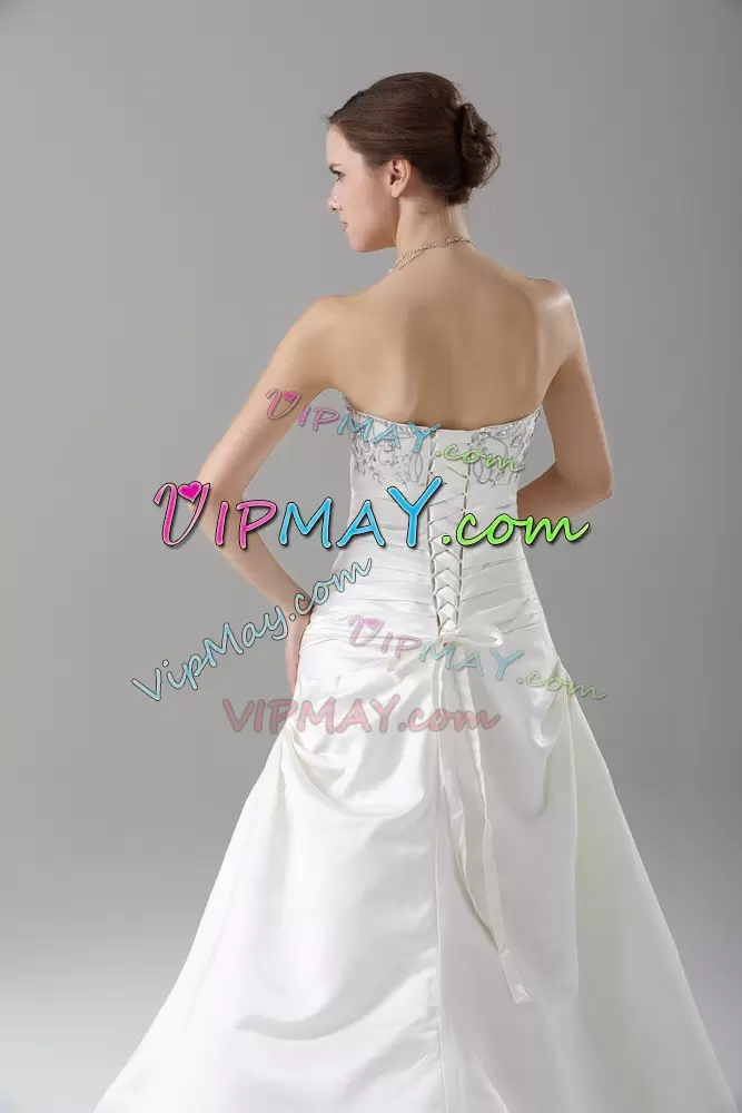 Traditional White Strapless Lace Up Beading Wedding Dresses Brush Train Sleeveless