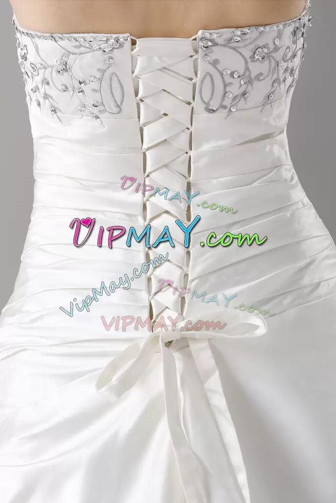 Traditional White Strapless Lace Up Beading Wedding Dresses Brush Train Sleeveless