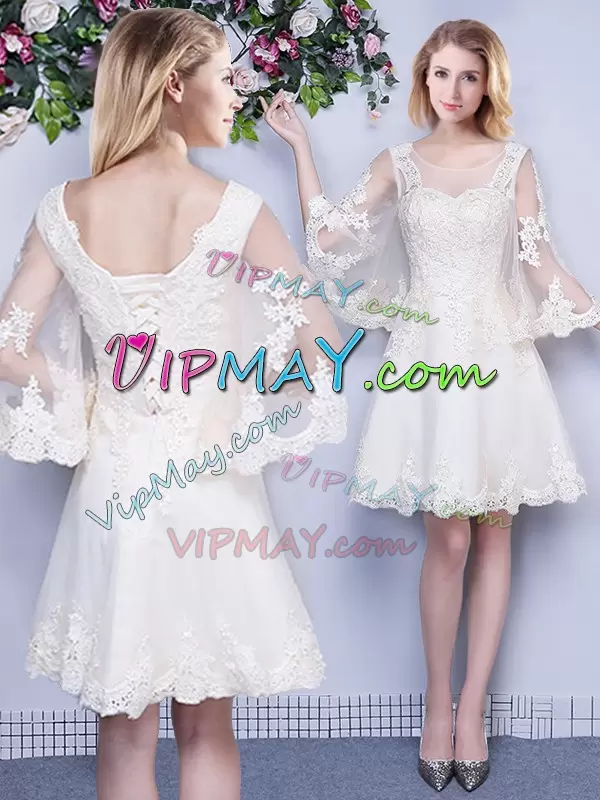 Cute Scoop 3 4 Length Sleeve Tulle Bridesmaid Dresses Lace Lace Up