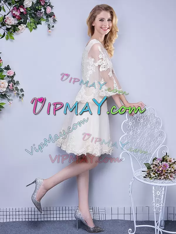 Cute Scoop 3 4 Length Sleeve Tulle Bridesmaid Dresses Lace Lace Up