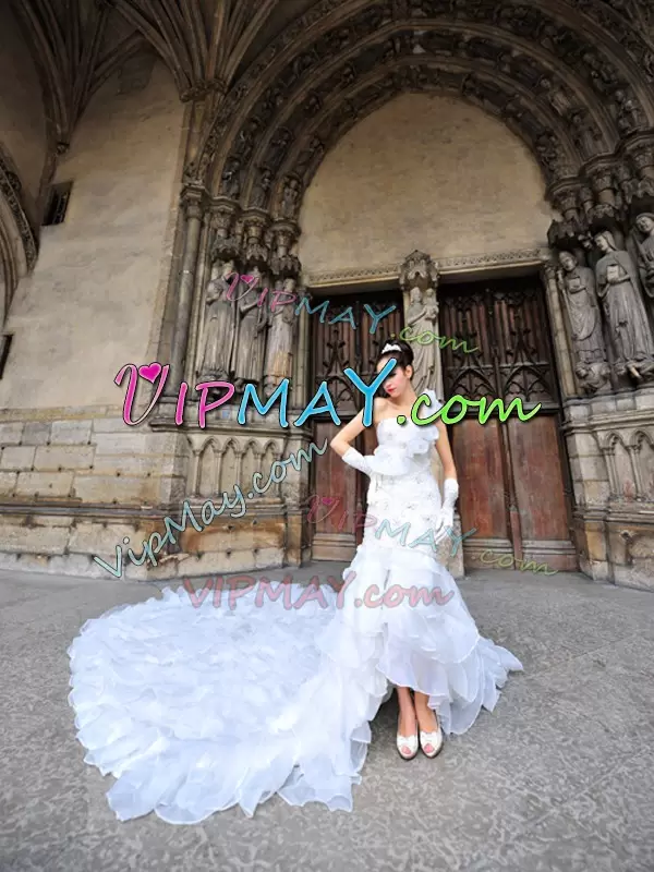 Superior One Shoulder Sleeveless Organza Wedding Dress Lace Cathedral Train Lace Up