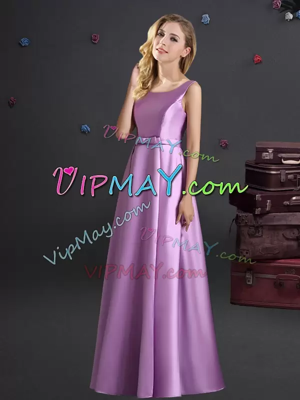 Elastic Woven Satin Sleeveless Floor Length Bridesmaid Gown and Bowknot