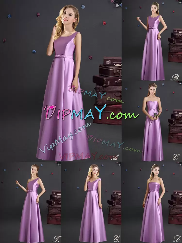 Elastic Woven Satin Sleeveless Floor Length Bridesmaid Gown and Bowknot