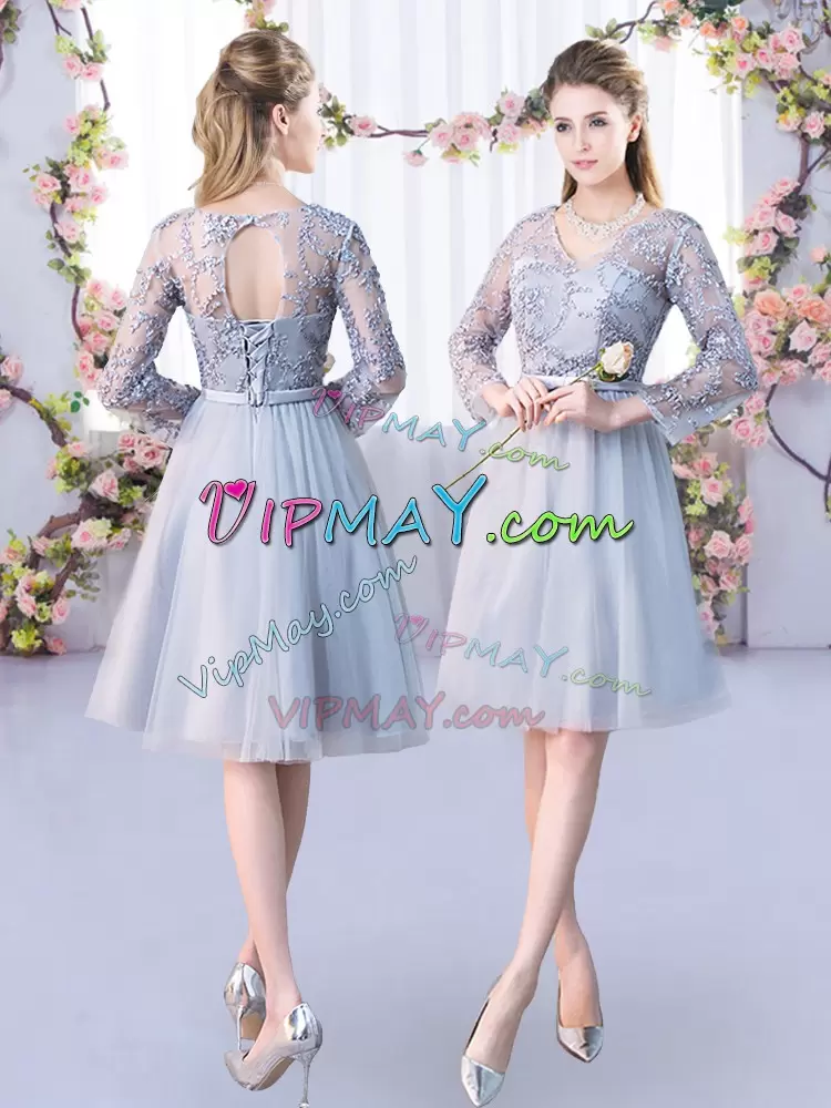 Hot Selling Empire Bridesmaids Dress Grey V-neck Tulle Long Sleeves Knee Length Lace Up