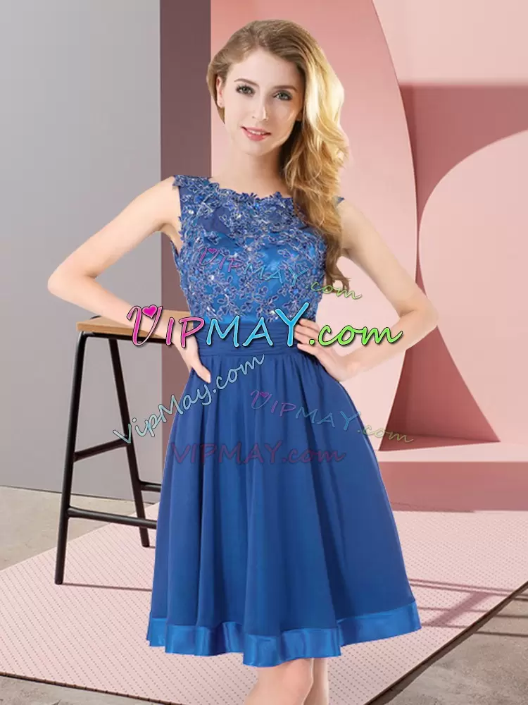 Blue Sleeveless Mini Length Beading and Appliques Backless Bridesmaids Dress Scoop