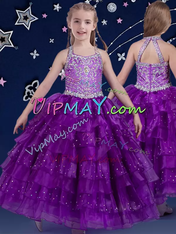 Organza Sleeveless Floor Length Kids Formal Wear and Beading and Ruffled Layers