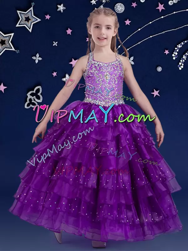 Organza Sleeveless Floor Length Kids Formal Wear and Beading and Ruffled Layers