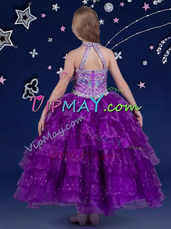 Organza Sleeveless Floor Length Kids Formal Wear and Beading and Ruffled Layers