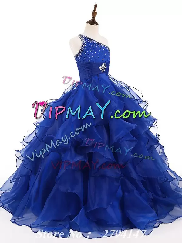 Customized One Shoulder Sleeveless Zipper Girls Pageant Dresses Royal Blue Organza Beading and Ruffles