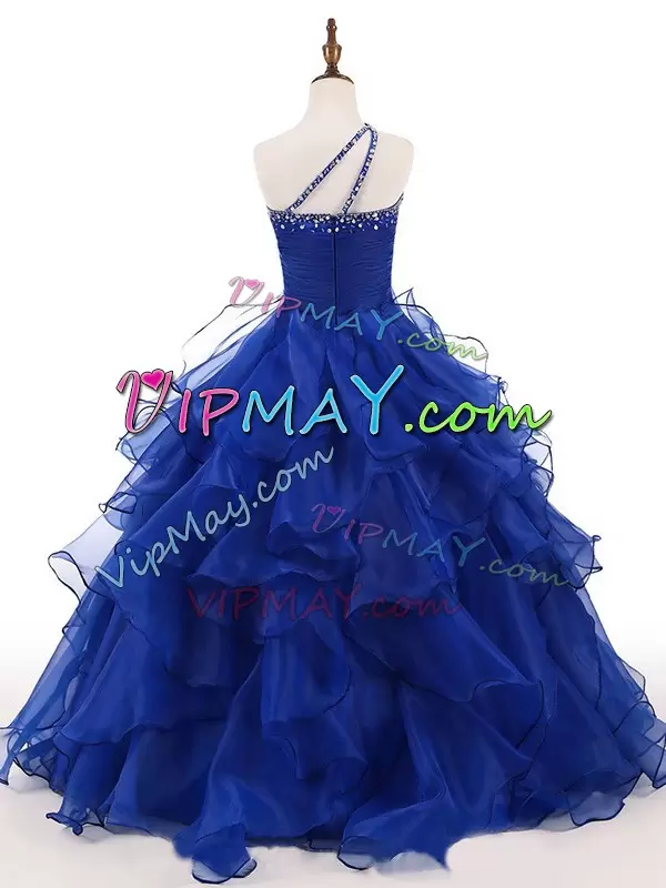 Customized One Shoulder Sleeveless Zipper Girls Pageant Dresses Royal Blue Organza Beading and Ruffles