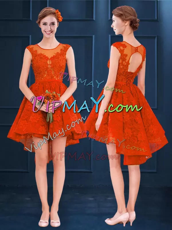 Exquisite Rust Red Sleeveless High Low Lace Clasp Handle Bridesmaid Gown Scoop