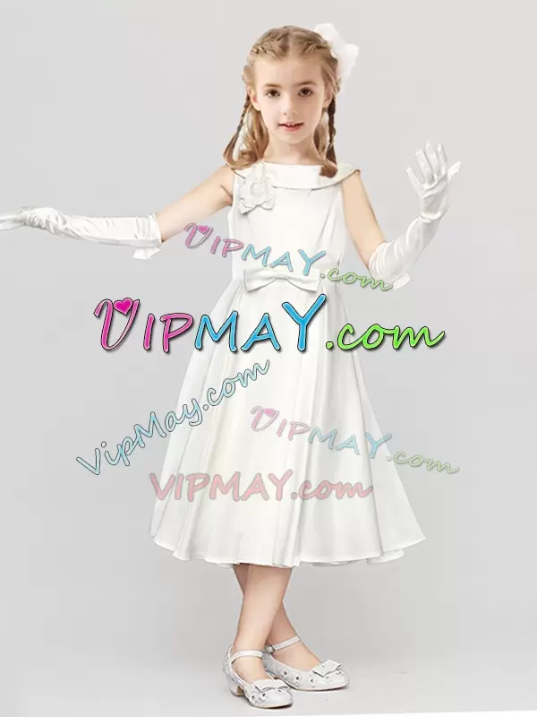 Edgy Satin Scoop Sleeveless Clasp Handle Bowknot and Hand Made Flower Flower Girl Dress in White