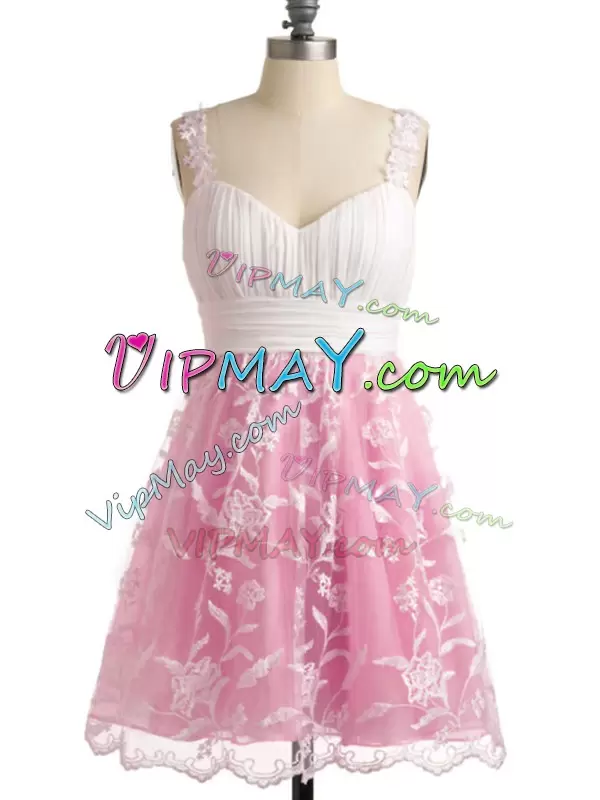 Knee Length Lace Up Bridesmaid Dresses Rose Pink for Prom and Party and Wedding Party with Lace