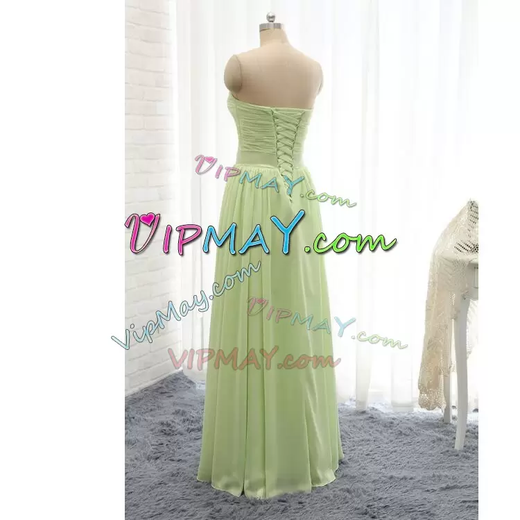 Yellow Green Sleeveless Floor Length Ruching Lace Up Bridesmaid Dresses Sweetheart