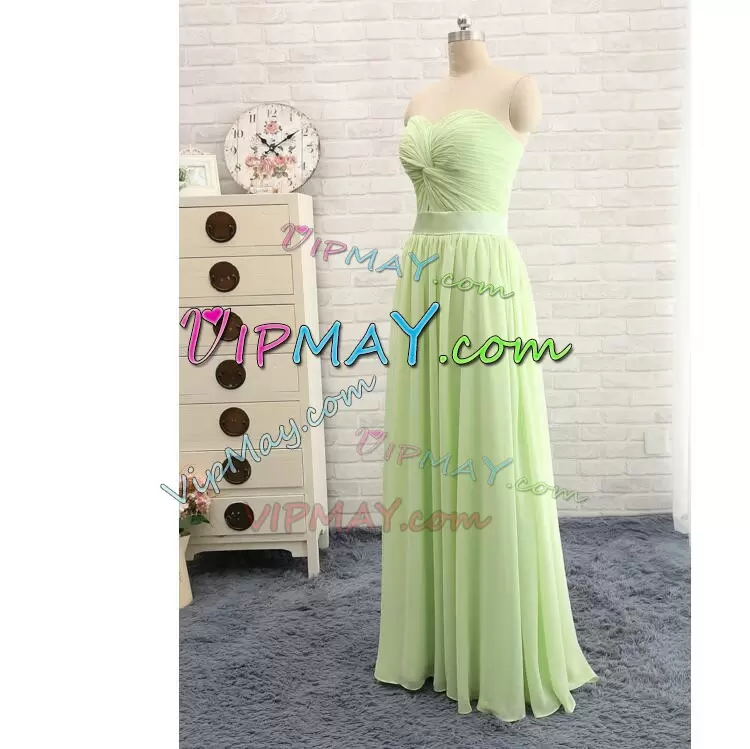 Yellow Green Sleeveless Floor Length Ruching Lace Up Bridesmaid Dresses Sweetheart