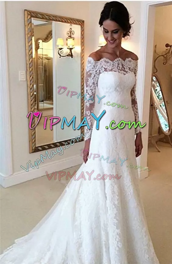 White Mermaid Off The Shoulder Long Sleeves With Brush Train Zipper Lace Bridal Gown