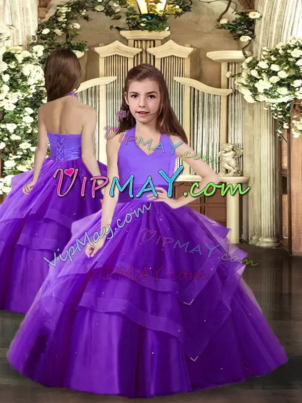 Floor Length Ball Gowns Sleeveless Purple Little Girl Pageant Dress Lace Up