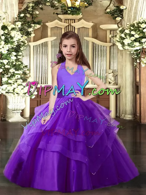 Floor Length Ball Gowns Sleeveless Purple Little Girl Pageant Dress Lace Up