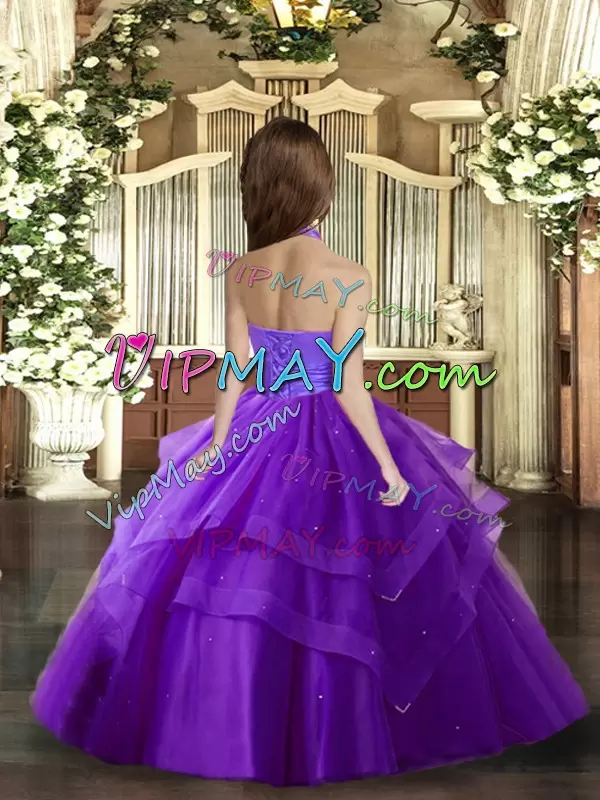 Floor Length Ball Gowns Sleeveless Purple Little Girl Pageant Dress Lace Up