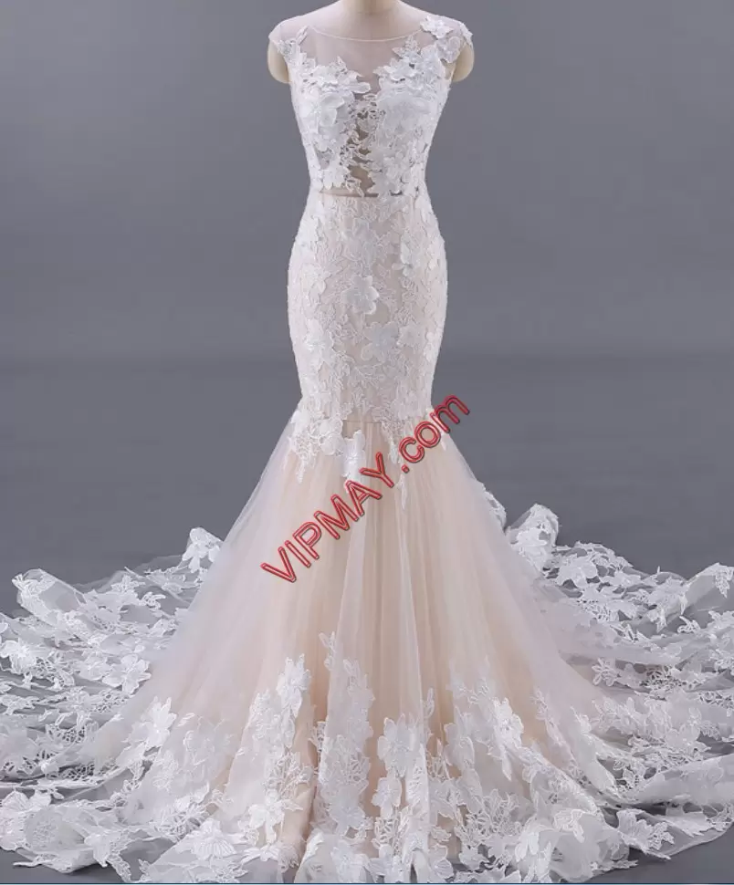 Great Champagne Bridal Gown Scoop Sleeveless Sweep Train Backless
