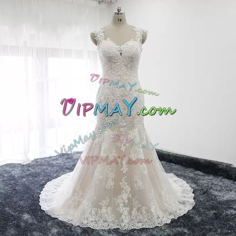 New Style Zipper Wedding Dresses White for Beach and Wedding Party with Lace and Appliques Brush Train