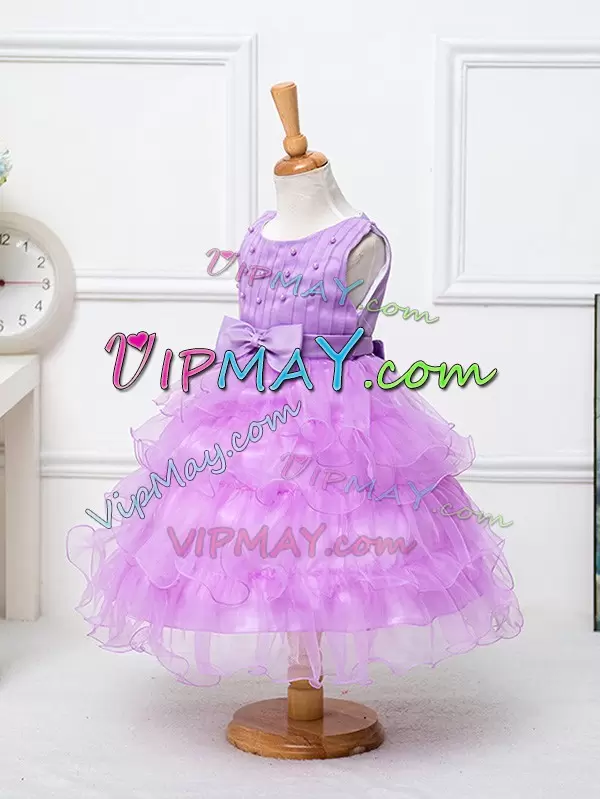 Beautiful Ball Gowns Pageant Dress Wholesale Lilac Scoop Organza Sleeveless Tea Length Zipper