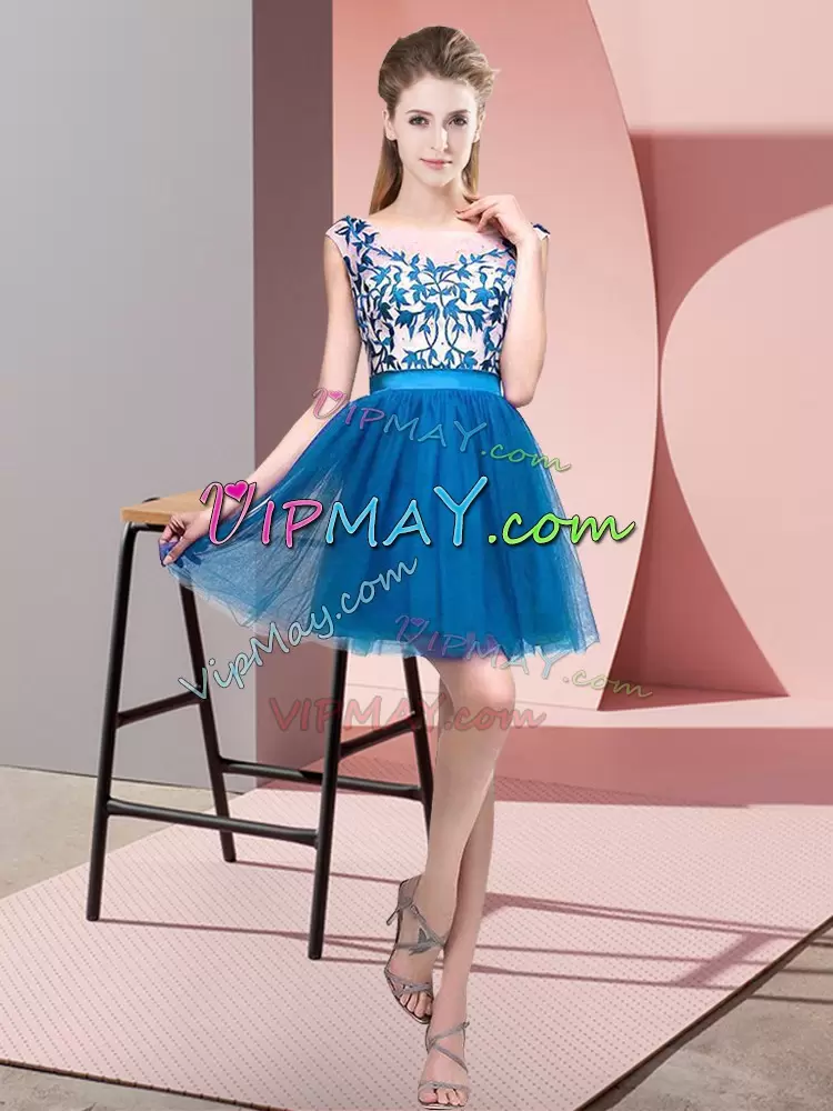 Mini Length A-line Sleeveless Blue Bridesmaid Gown Zipper
