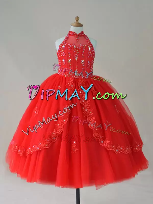 High-neck Sleeveless Little Girls Pageant Gowns Floor Length Beading and Appliques Red Tulle