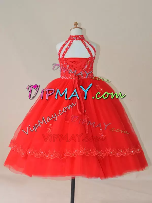 High-neck Sleeveless Little Girls Pageant Gowns Floor Length Beading and Appliques Red Tulle