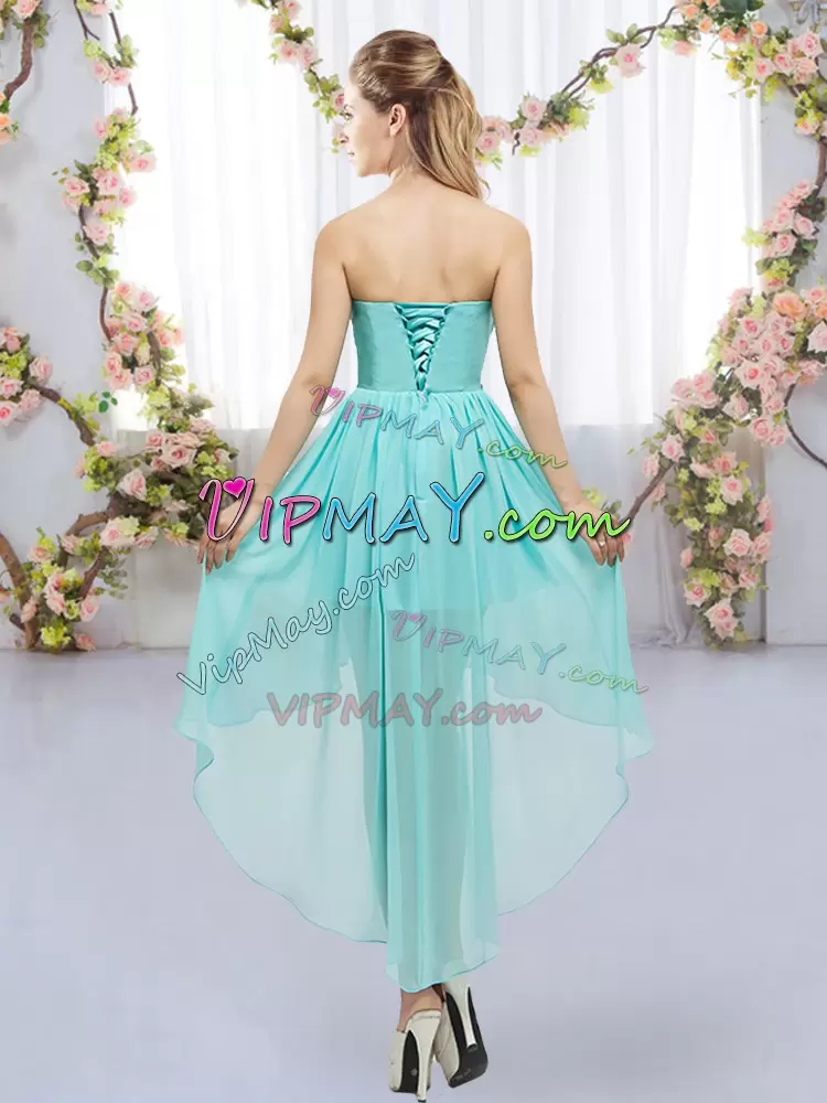 Blue Chiffon Lace Up Wedding Party Dress Sleeveless High Low Beading