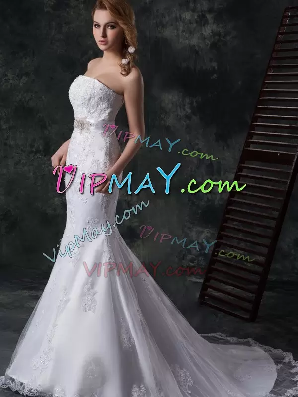 White Strapless Lace Up Beading and Appliques and Belt Wedding Gown Sleeveless