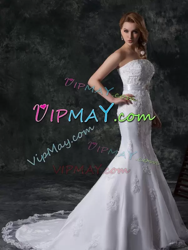 White Strapless Lace Up Beading and Appliques and Belt Wedding Gown Sleeveless