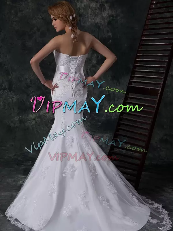 White Strapless Lace Up Beading and Appliques and Belt Wedding Gown Sleeveless