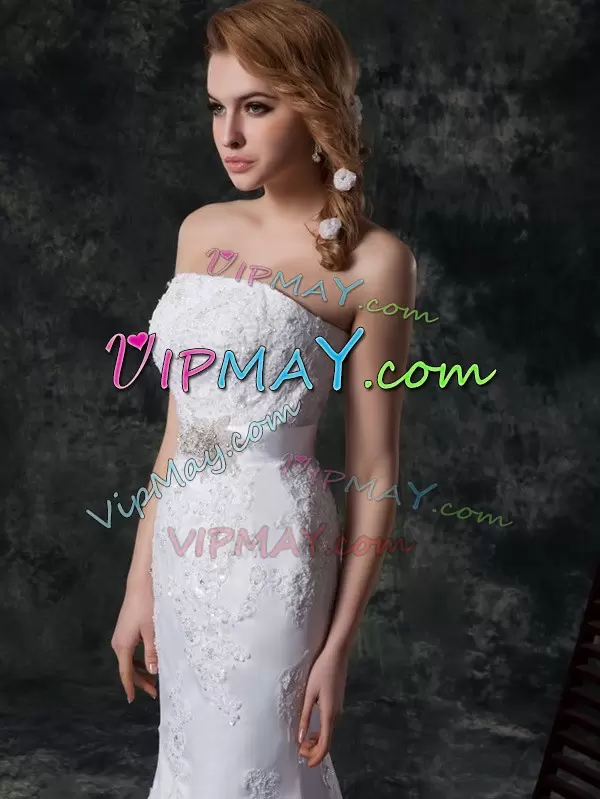 White Strapless Lace Up Beading and Appliques and Belt Wedding Gown Sleeveless