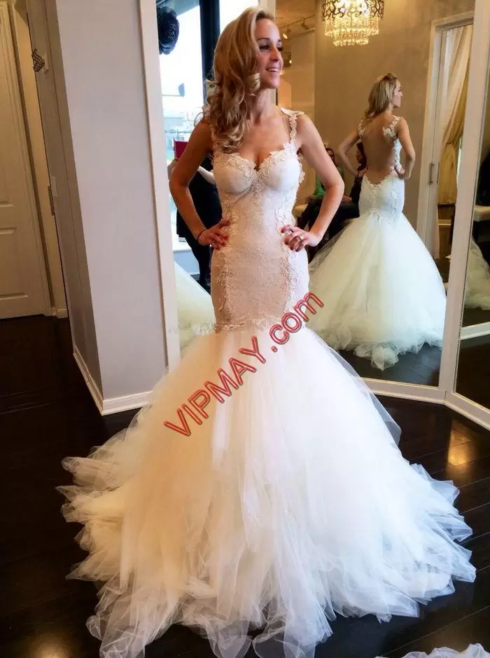 New Arrival Straps Sleeveless Sweep Train Backless Wedding Dress White Tulle Appliques