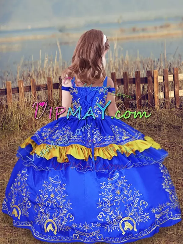 Floor Length Blue Kids Pageant Dress Off The Shoulder Sleeveless Lace Up