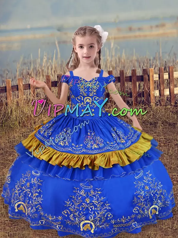 Floor Length Blue Kids Pageant Dress Off The Shoulder Sleeveless Lace Up