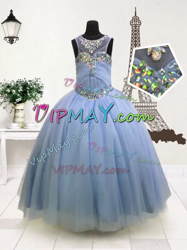 Light Blue Organza Zipper Pageant Gowns Sleeveless Floor Length Beading and Ruffles