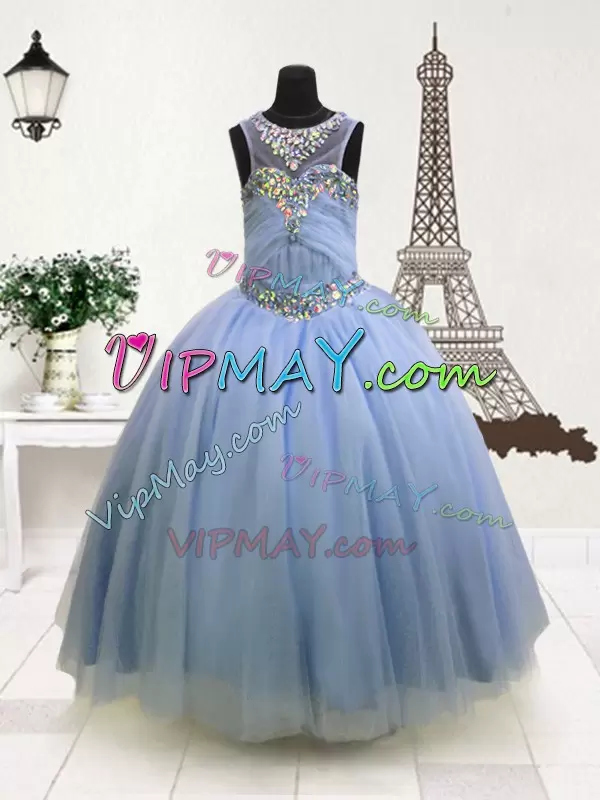 Light Blue Organza Zipper Pageant Gowns Sleeveless Floor Length Beading and Ruffles