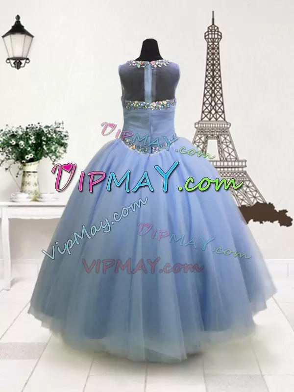 Light Blue Organza Zipper Pageant Gowns Sleeveless Floor Length Beading and Ruffles